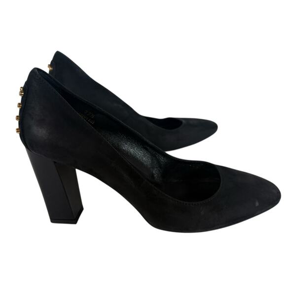 Tod's Black Nubuck Gold Studded Block Heel Round Toe Pumps Size 37 1/2  / 7.5 US - Picture 7 of 12
